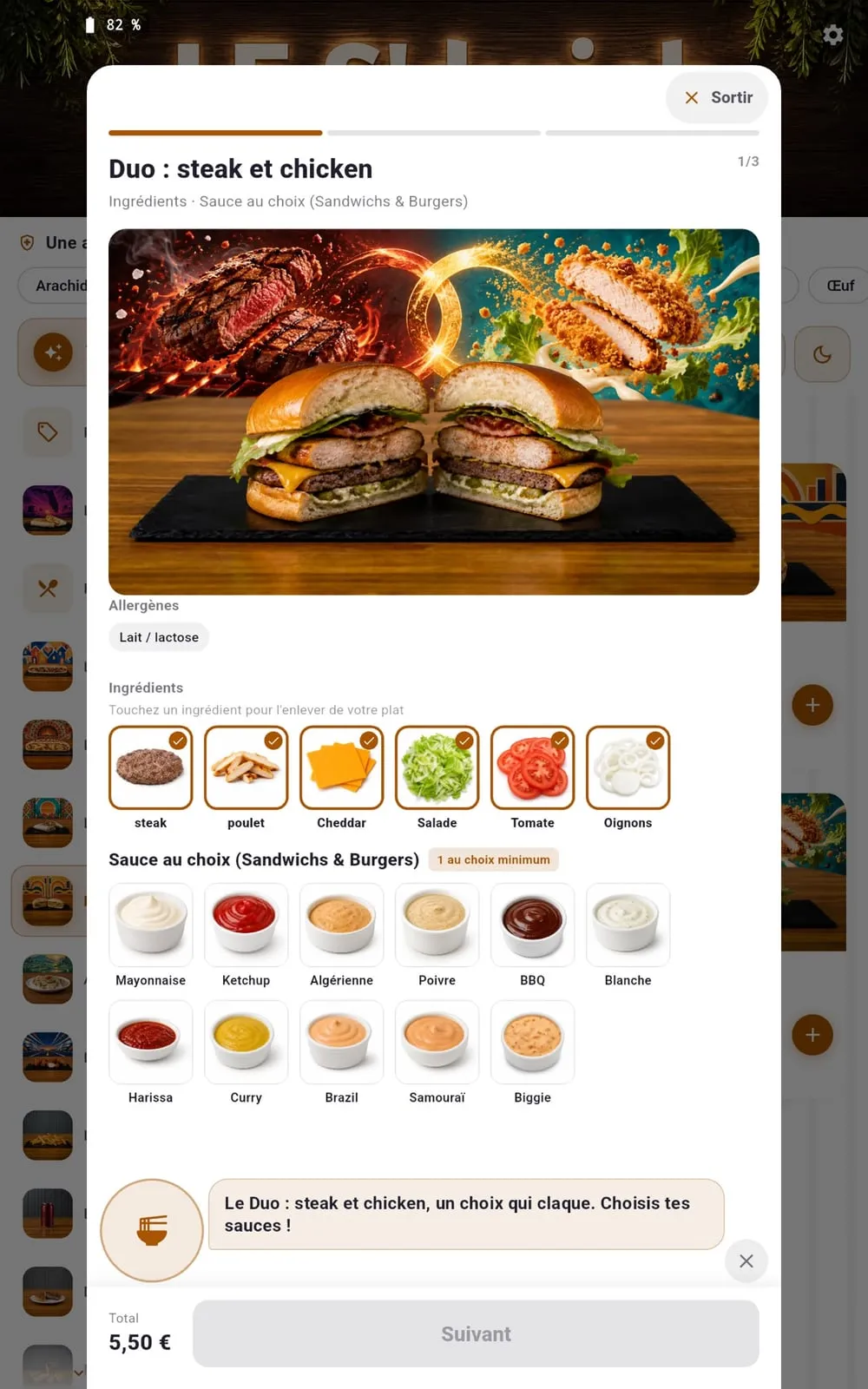 Écran de personnalisation d'un plat : ingrédients, sauces, suggestion de l'assistant