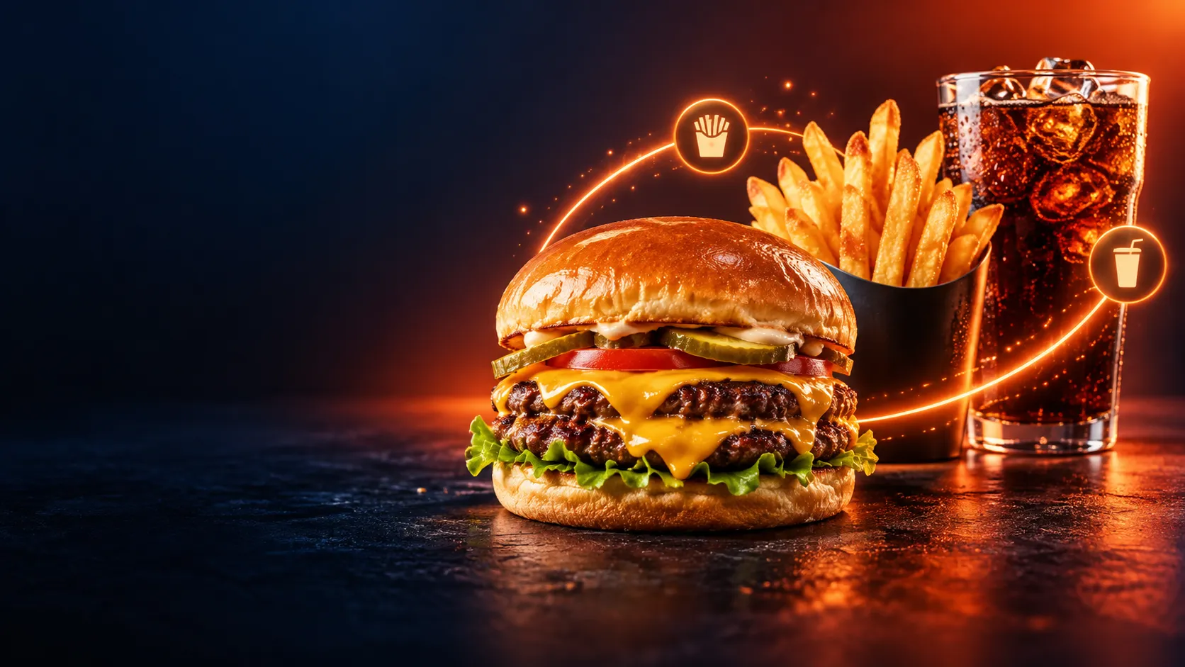 Burger, frites et boisson reliés par les suggestions d'upsell de l'IA